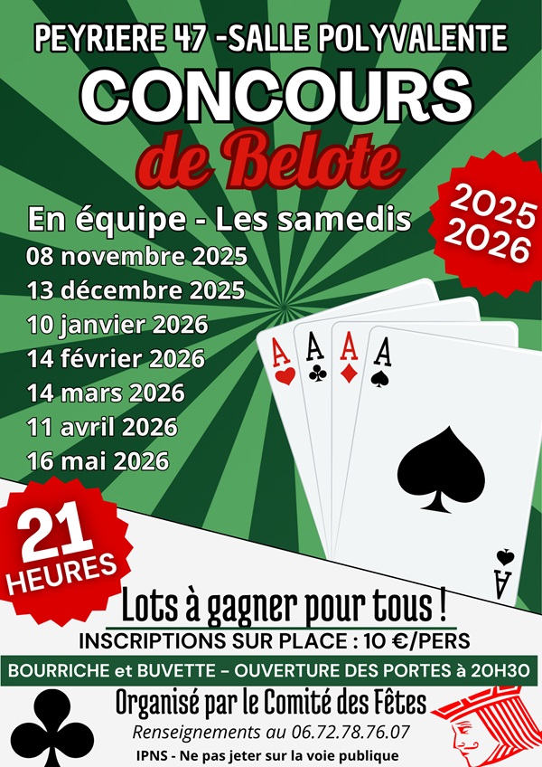 Concours de belote en équipe Salle polyvalente Peyrière
