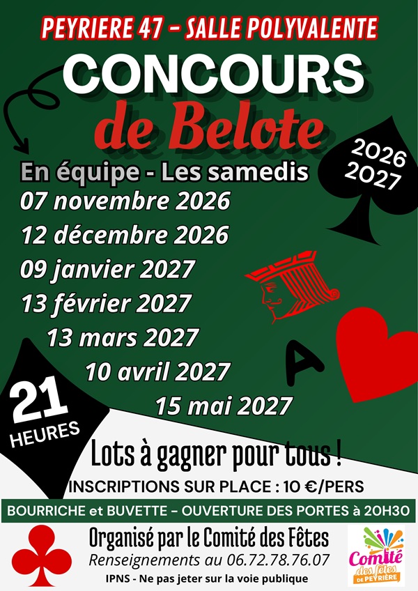 Concours de belote en équipe Salle polyvalente Peyrière