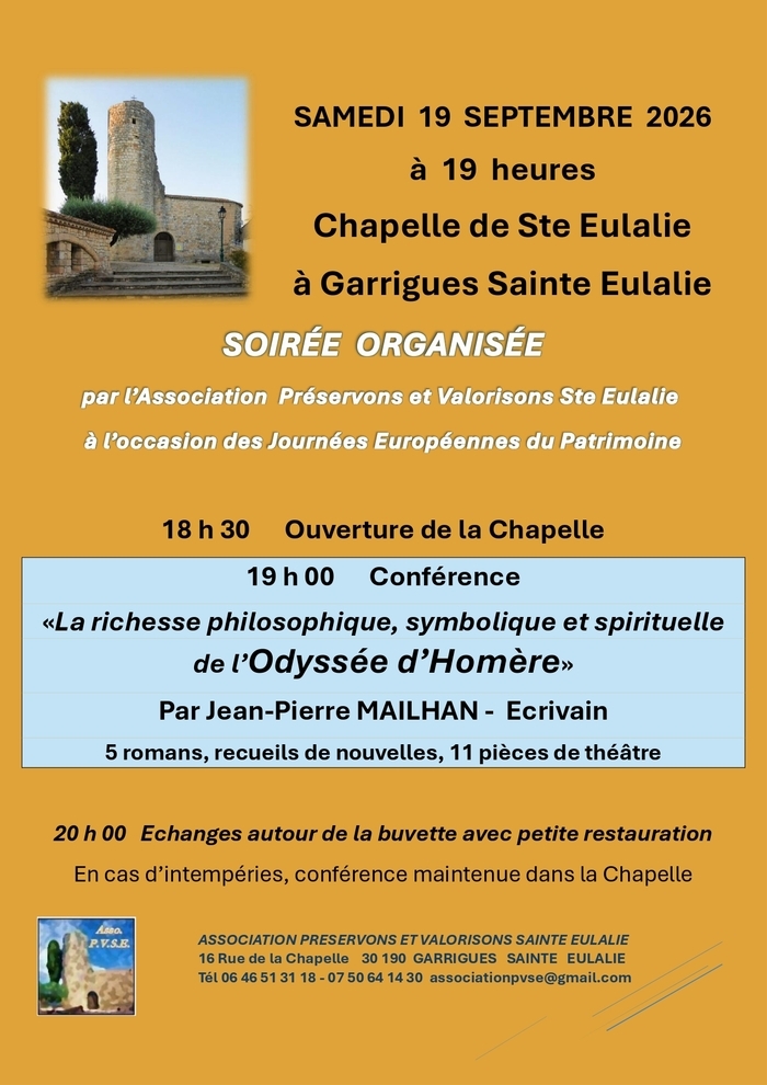 Conférence « La richesse philosophique, symbolique et spirituelle de l’Odyssée d’Homère », Chapelle de Sainte-Eulalie, Garrigues-Sainte-Eulalie