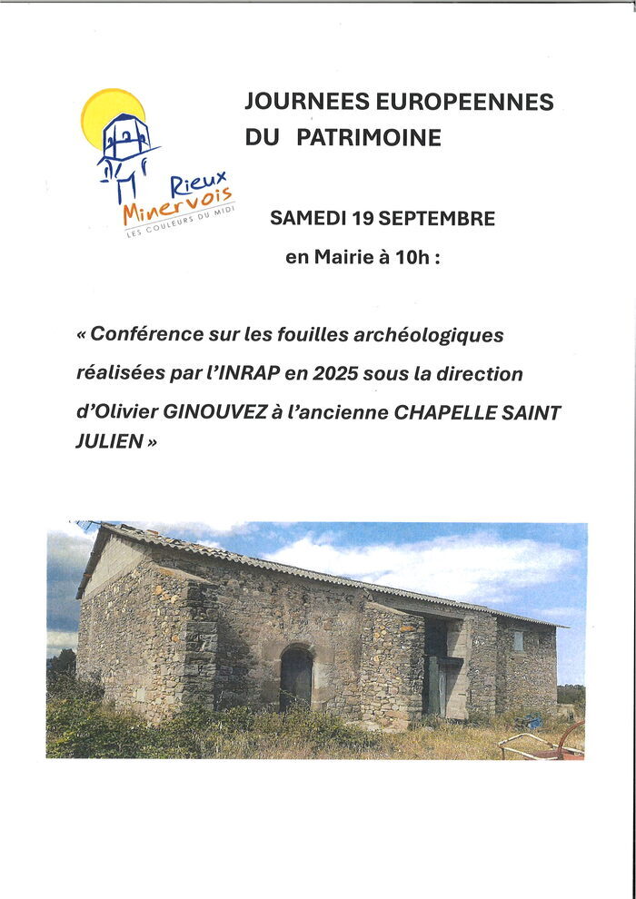 Conférence sur les récentes fouilles à la chapelle Saint-Julien-et-Sainte-Basilisse, Mairie de Rieux-Minervois, Rieux-Minervois