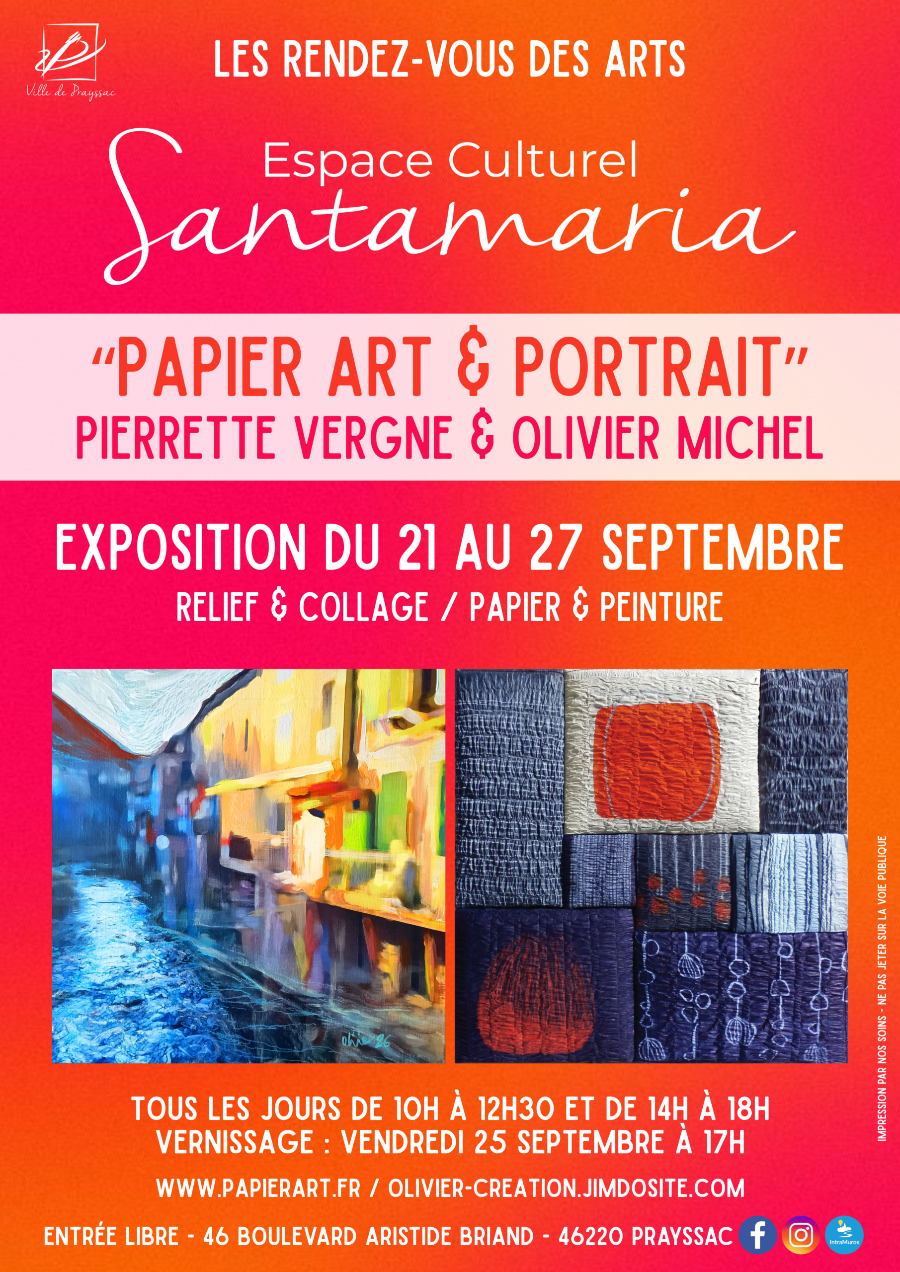 Exposition à Santamaria: Papier art et portrait Pierrette Vergne et Olivier Michel 46 boulevard Aristide Briand Prayssac 2026-09-21