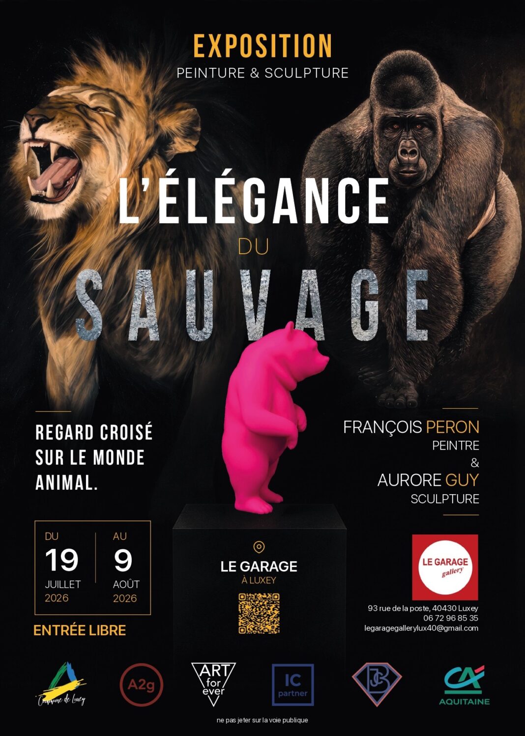 EXPOSITION au Garage gallery Luxey, Aurore GUY, sculptrice et François PERON, peintrençois PERON Claire HAREL Le GARAGE gallery centre ville Luxey