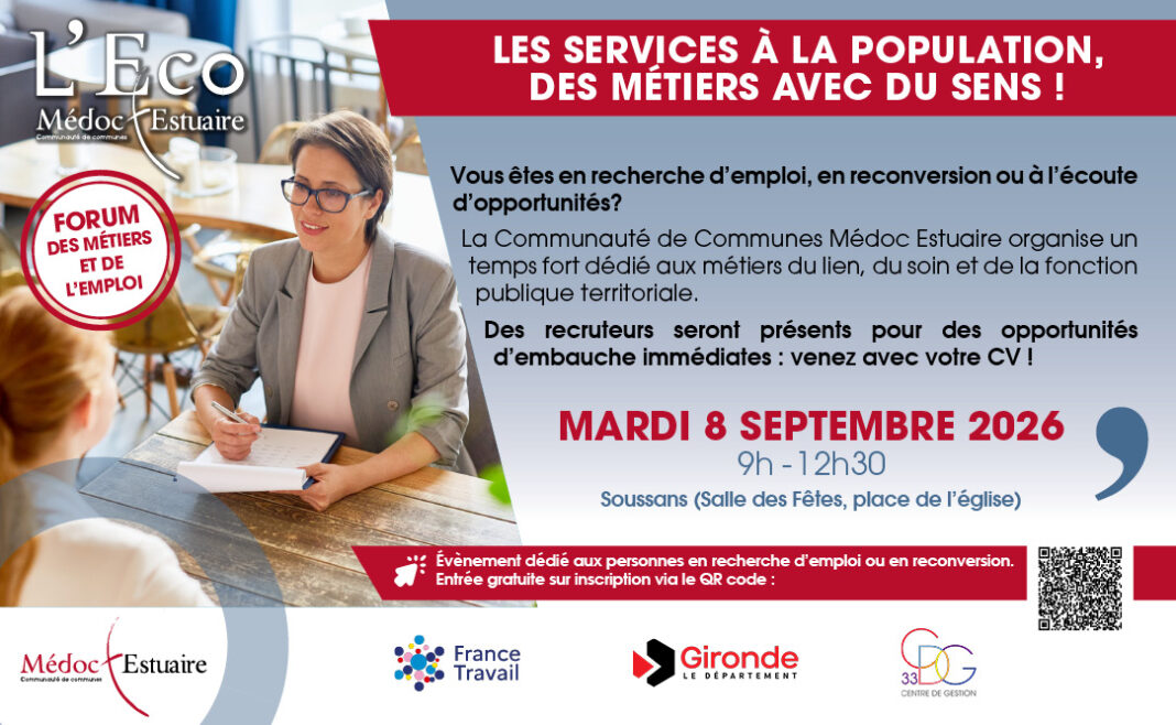 Forum des métiers et de l’emploi: Les services à la population, des métiers avec du sens ! place de l’église Soussans