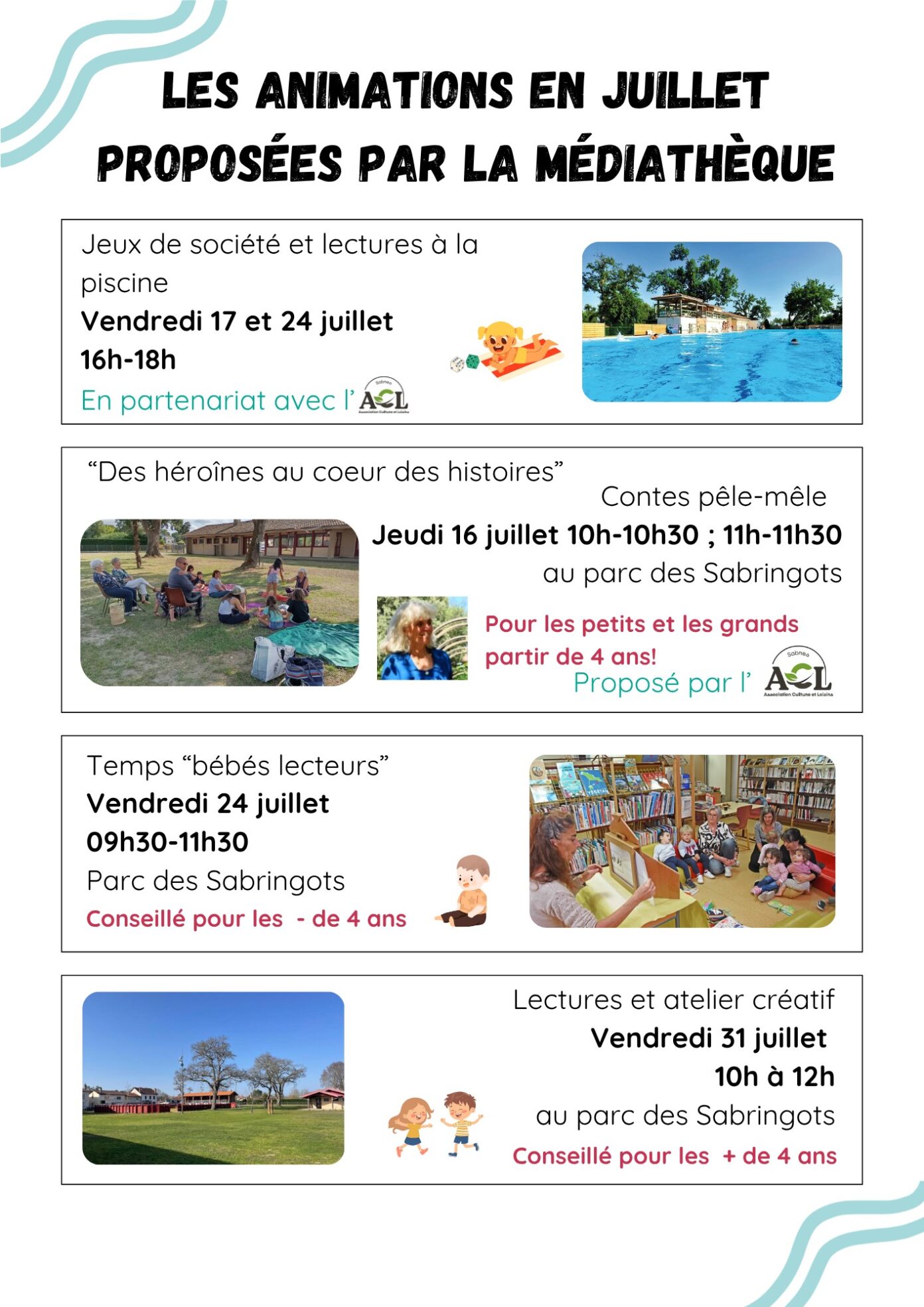 Jeux de société et lectures à la piscine de Sabres Route de Luglon Sabres