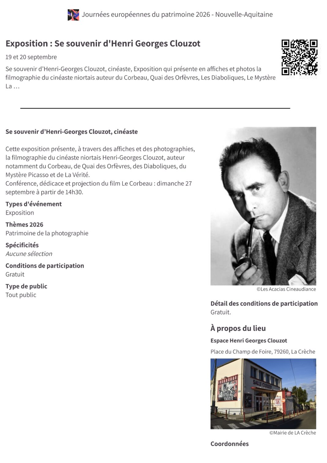 Journées du Patrimoine Exposition Se souvenir d’Henri-Georges Clouzot La Crèche