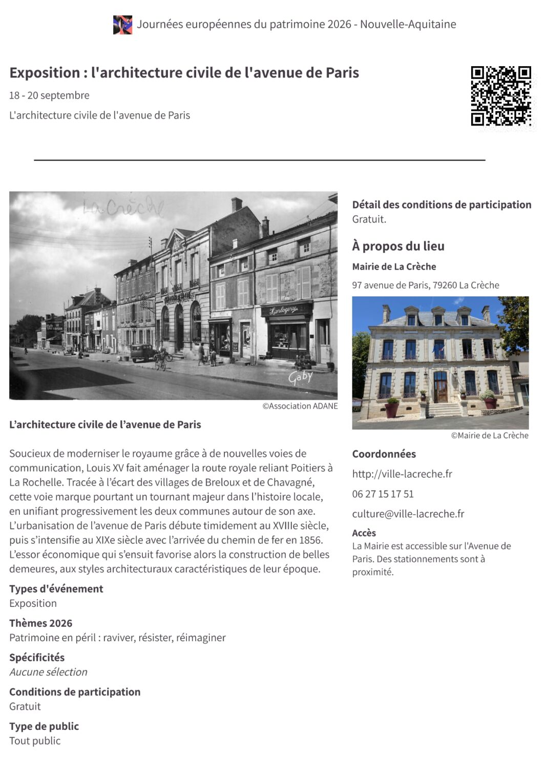 Journées du Patrimoine Exposition sur l’architecture civile de l’avenue de Paris La Crèche