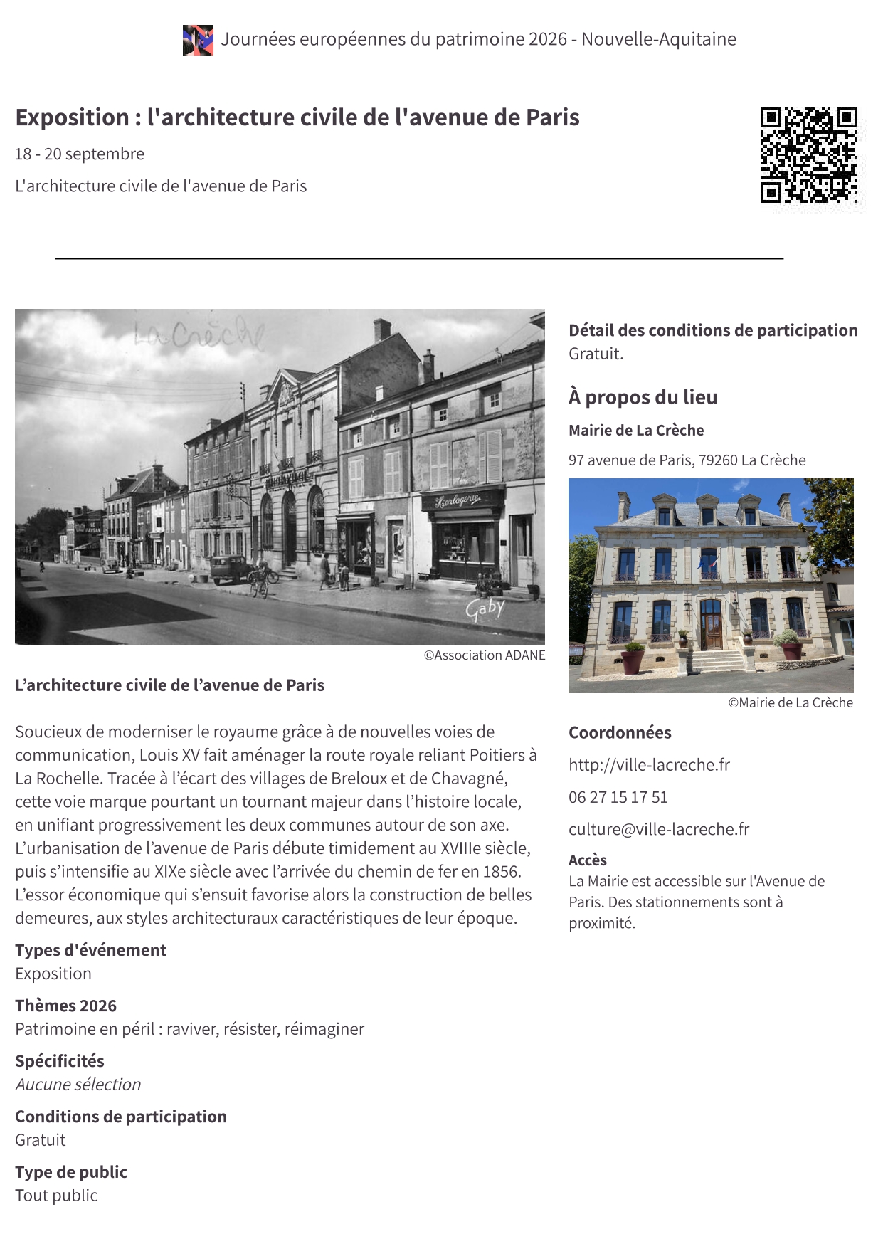 Journées du Patrimoine Exposition sur l'architecture civile de l'avenue de Paris 99 Avenue de Paris La Crèche 2026-09-18