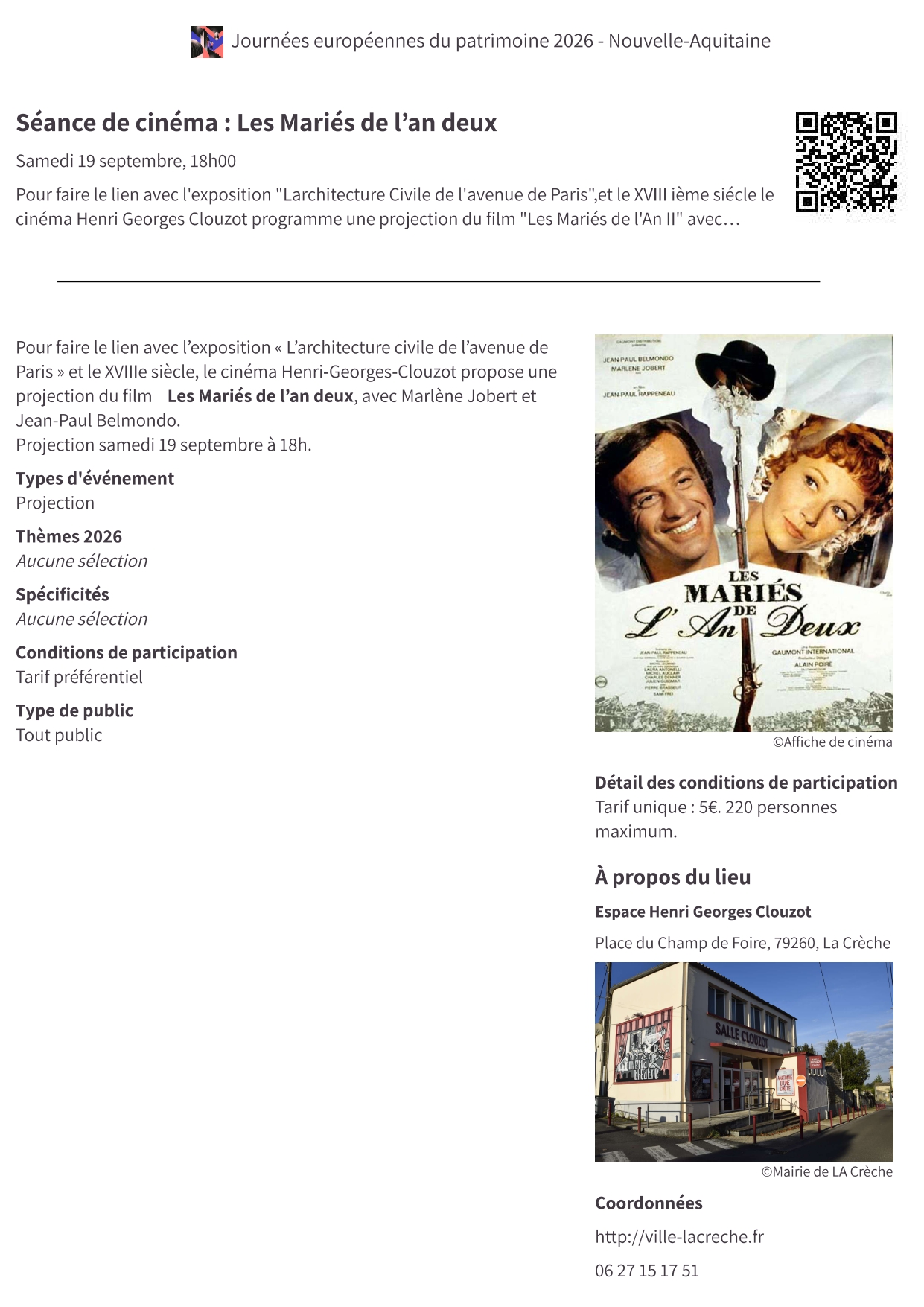 Journées du Patrimoine Séance de cinéma Les Mariés de l'an deux Rue du Champ de Foire La Crèche 2026-09-19