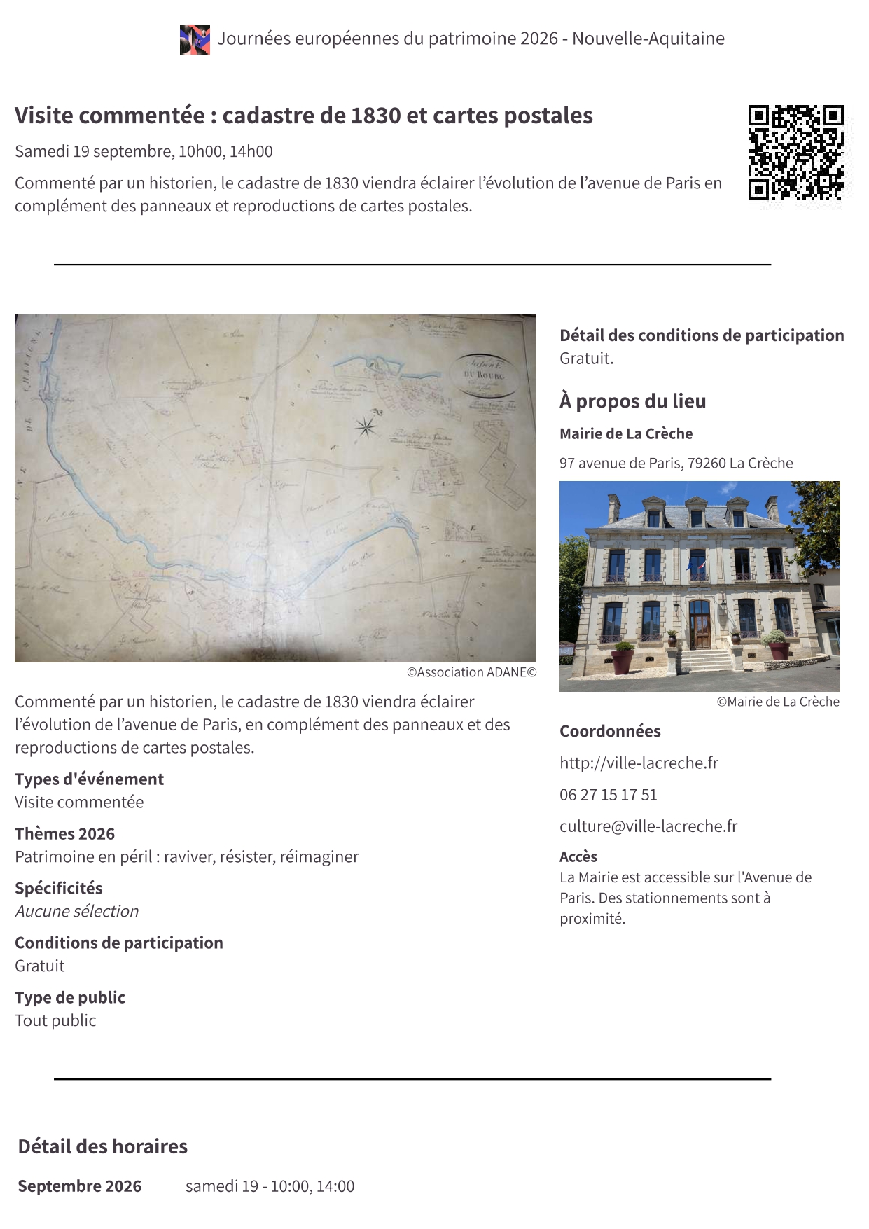 Journées du Patrimoine Visite commentée cadastre de 1830 et cartes postales 99 Avenue de Paris La Crèche 2026-09-19