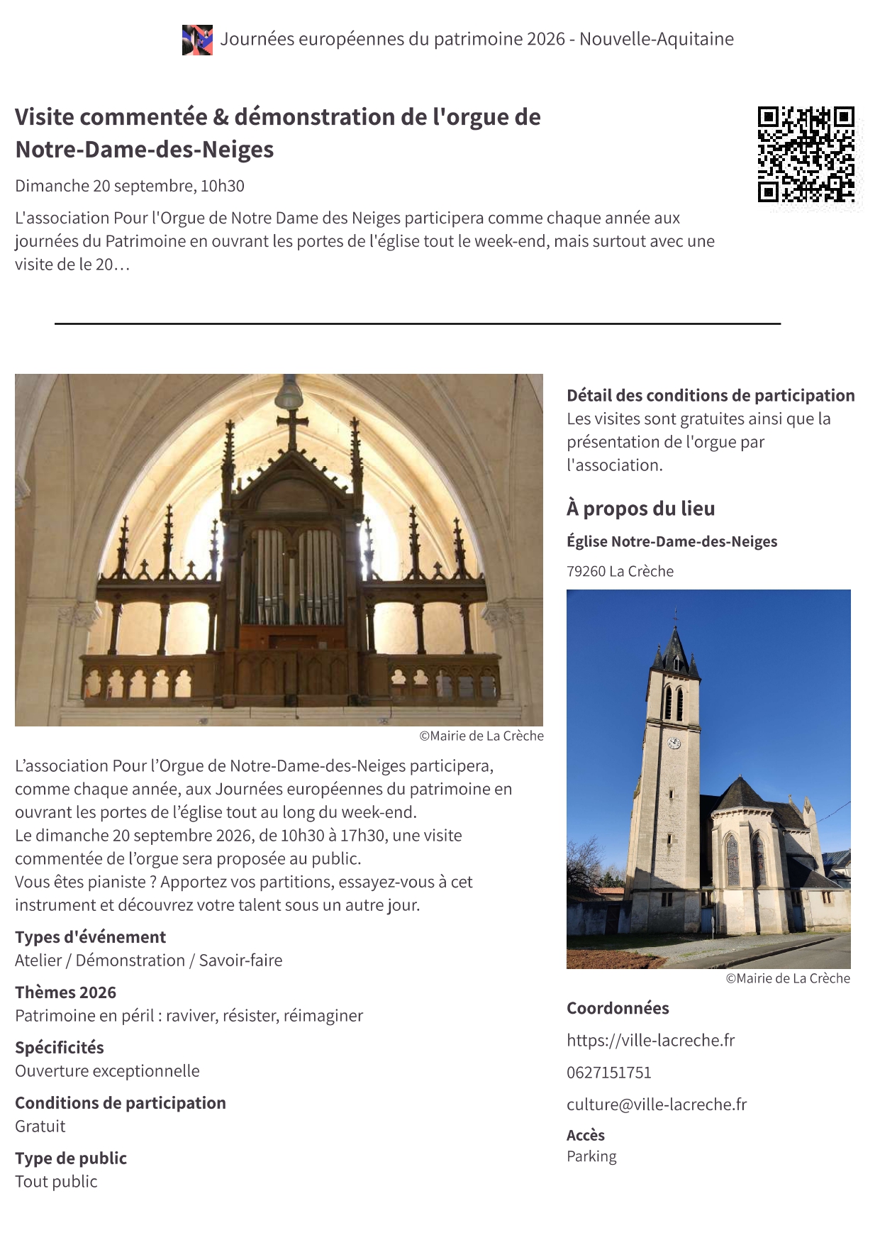 Journées du Patrimoine Visite commentée et démonstration de l'orgue de Notre-Dame-des-Neiges  La Crèche 2026-09-20