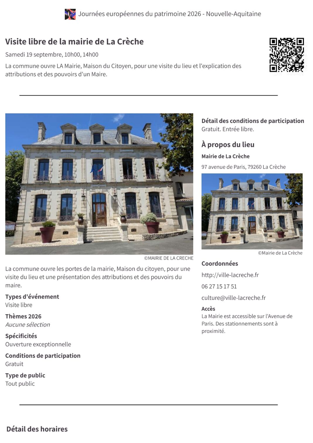 Journées du Patrimoine Visite libre de la mairie de La Crèche La Crèche