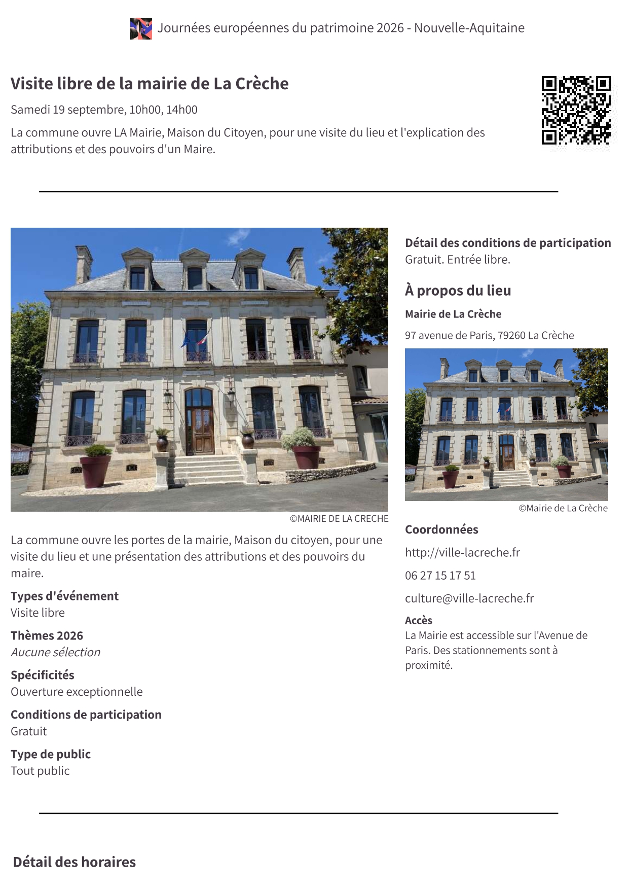 Journées du Patrimoine Visite libre de la mairie de La Crèche 99 Avenue de Paris La Crèche 2026-09-19