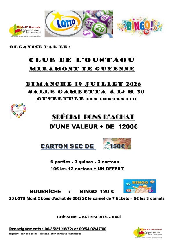 Loto du club de l’Oustaou Salle Gambetta Miramont-de-Guyenne
