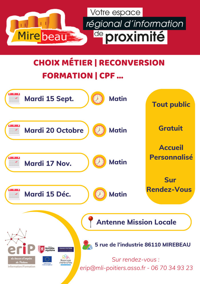 Permanences ERIP à Mirebeau, Antenne Mission Locale d’Insertion du Poitou, Mirebeau