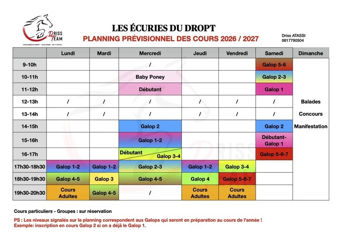 Planning des cours aux écuries du Dropt, Les Écuries du Dropt, Saint-Pierre-sur-Dropt