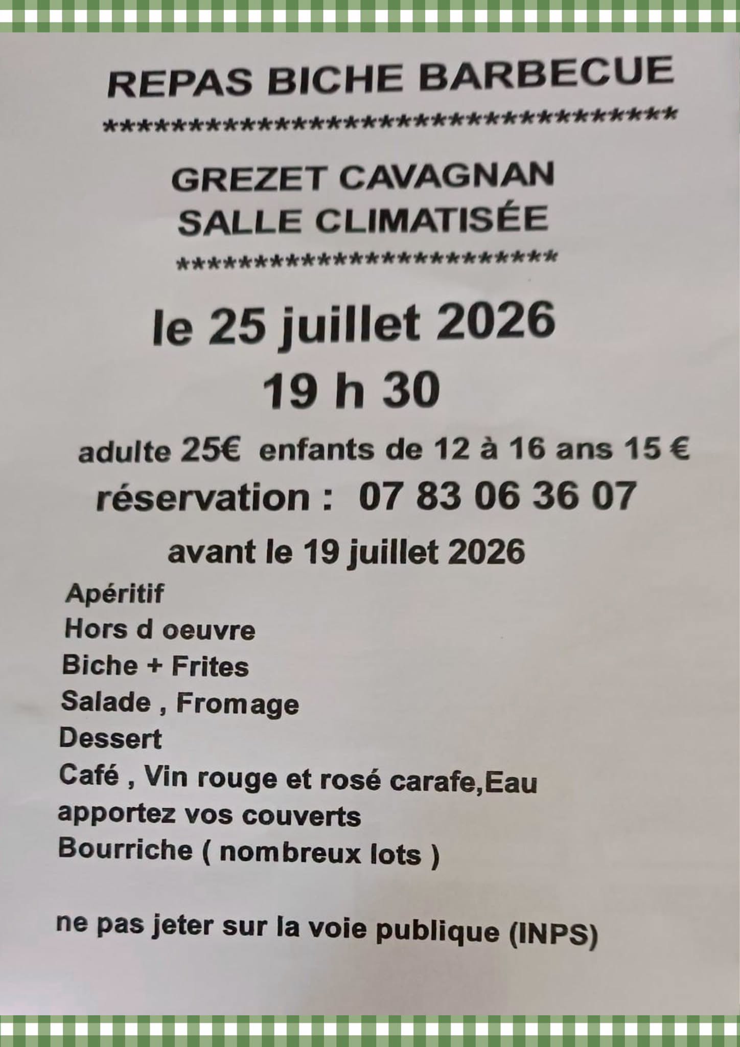 Repas biche barbecue Salle des fêtes Grézet-Cavagnan 2026-07-25