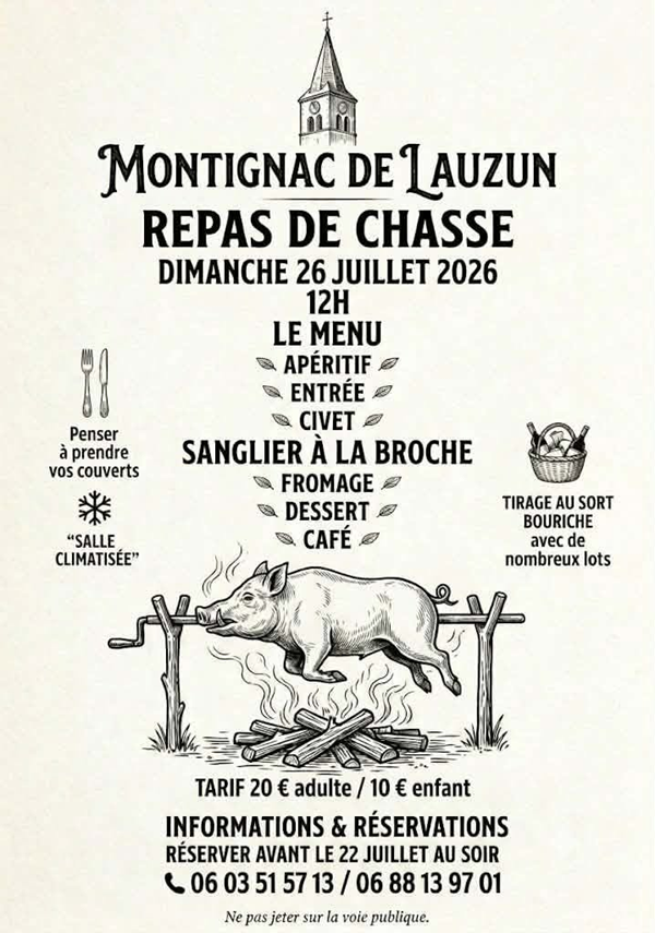 Repas de chasse Salle des fêtes Montignac-de-Lauzun