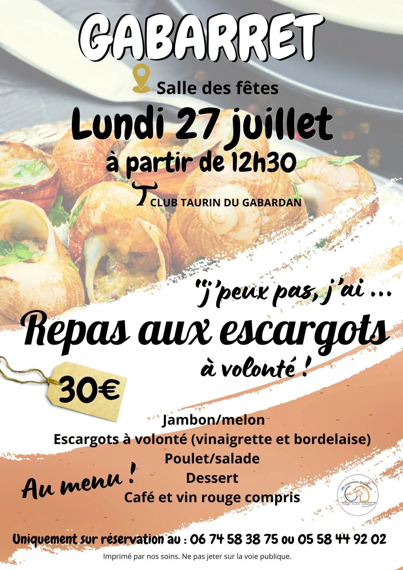 Repas escargots à volonté Salle d’Animation Gabarret