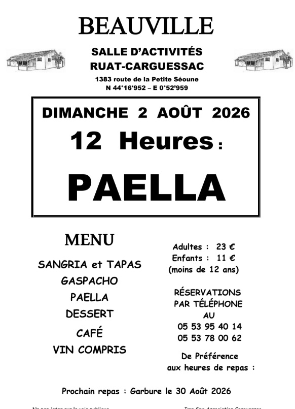 Repas paella Salle d’activités Ruat-Carguessac Beauville