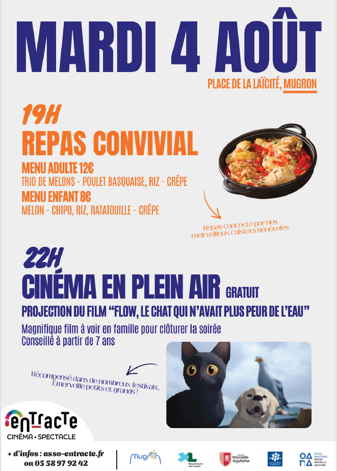 Soirée conviviale • Repas + Cinéma en plein air Place de la Laïcité, Mugron Mugron