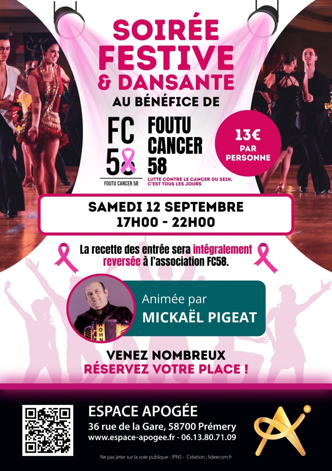 Soirée festive et dansante au bénéfice de Foutu Cancer 58 Octobre Rose Espace Apogée Prémery