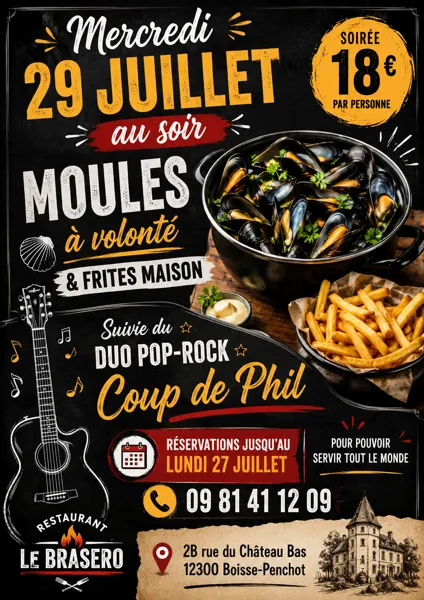 Soirée moules frites suivie d&rsquo;un concert au Brasero  Boisse-Penchot