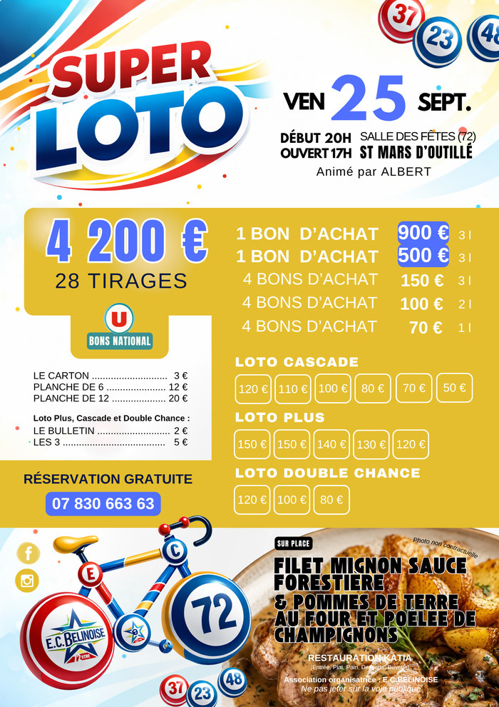 Super Loto de l’E.C. Belinoise – 4 200 € de lots – Saint-Mars-d’Outillé, Saint-Mars-d’Outillé – Albert Cossart, Saint-Mars-d’Outillé