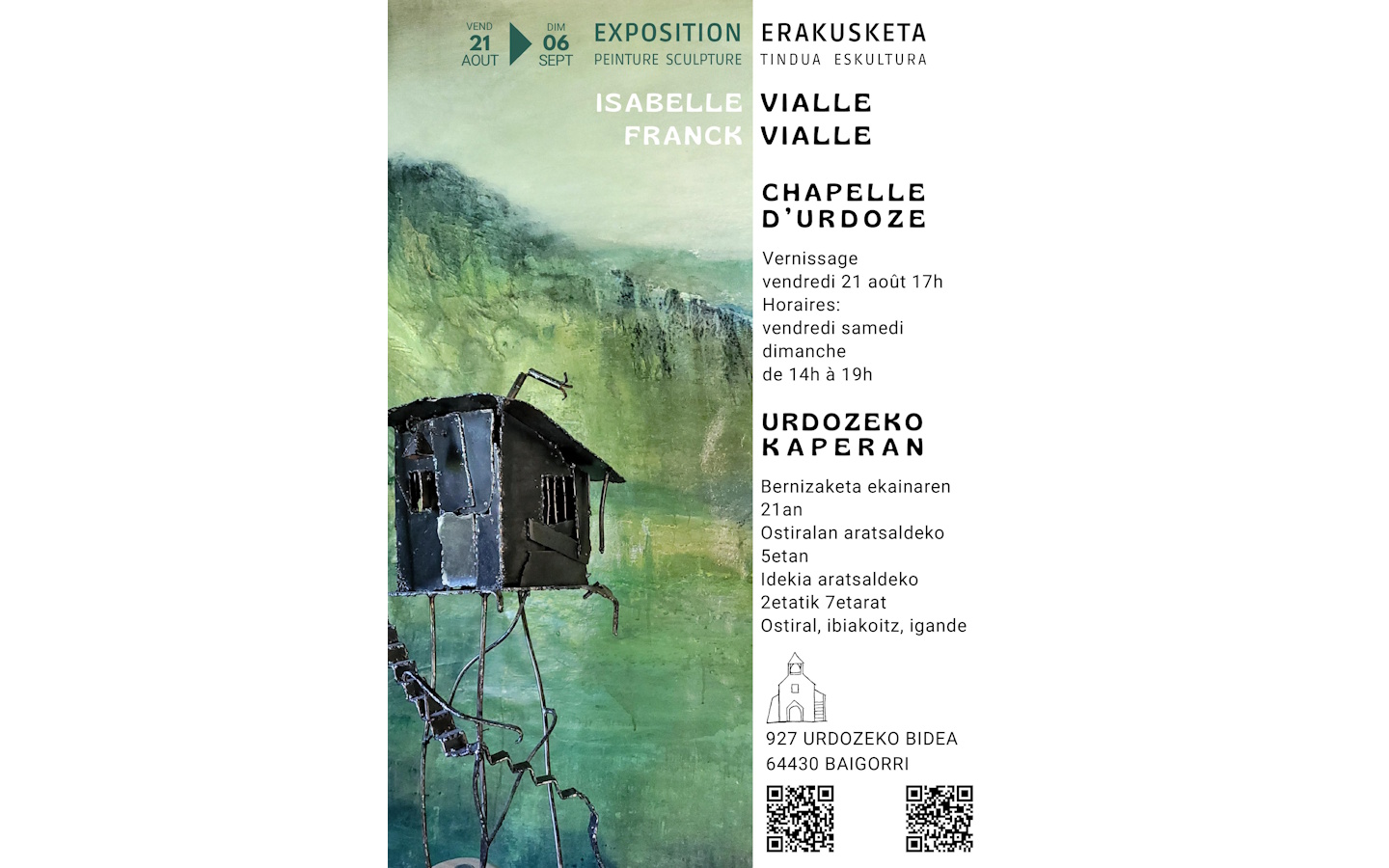 Vernissage de l'exposition peinture-sculpture Isabelle et Franck Vialle 927 Urdozeko Bidea Saint-Étienne-de-Baïgorry 2026-08-21