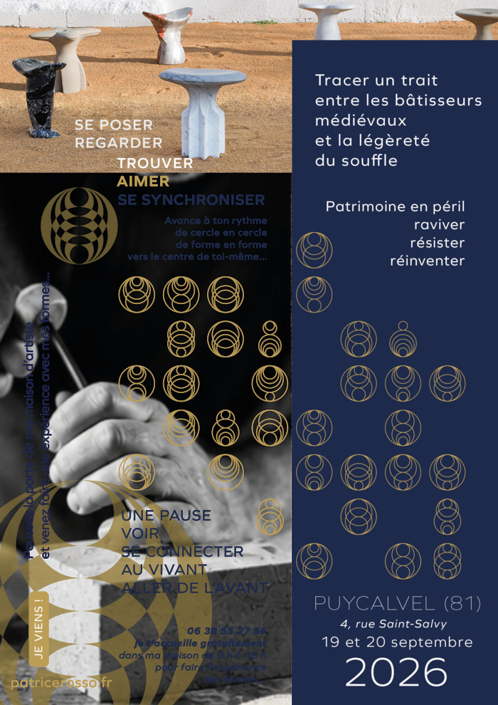 Visite guidée : tracer un trait entre les bâtisseurs médiévaux et la légèreté du souffle, Atelier Patrice Rosso, Puycalvel