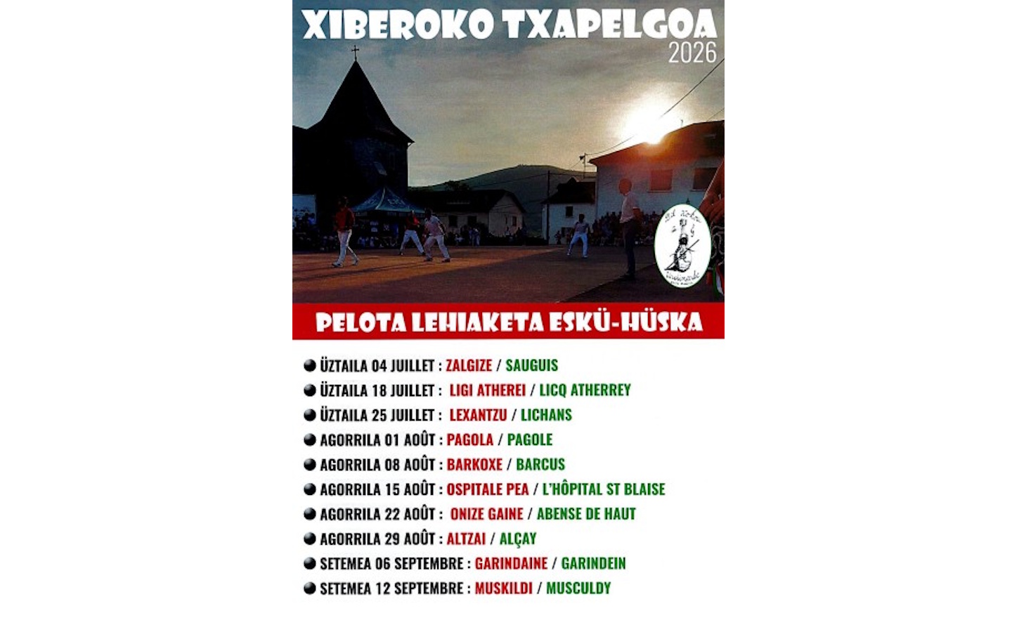 Xiberoko Txapelgoa tournoi de pelote à main nue Fronton Pagolle 2026-08-01