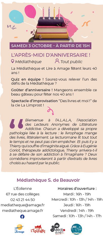 40 ans – Spectacle d&rsquo;impro « Des Livres et moi » de la cie La Limprost, Médiathèque Simone de Beauvoir – L&rsquo;Eolienne, Arnage