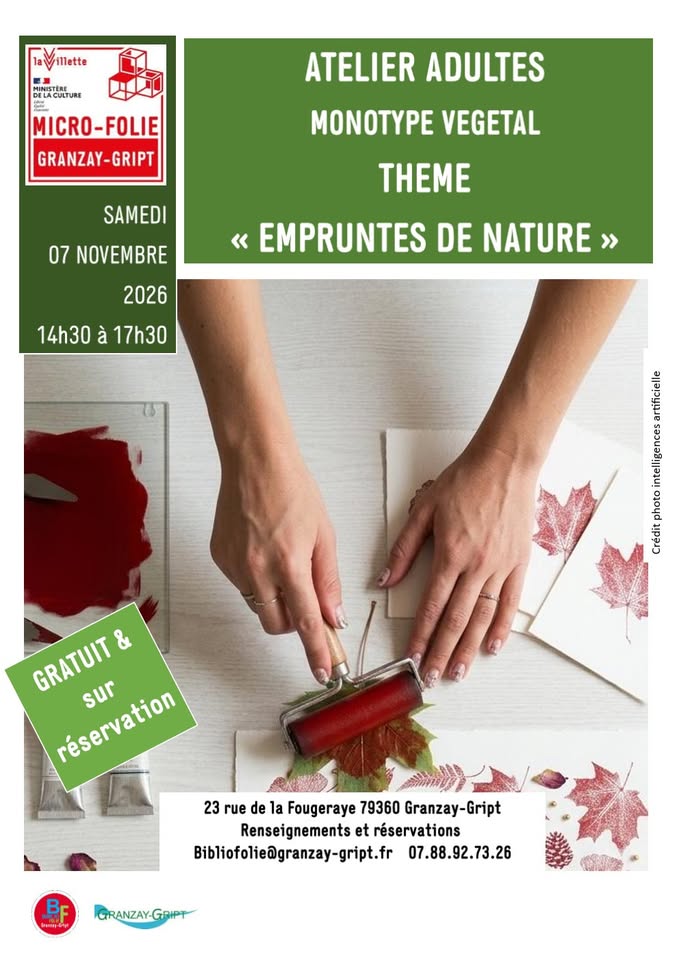 Atelier adultes monotype végétal empreintes de nature au musée numérique Micro-Folie à Granzay-Gript Micro-Folie musée numérique Granzay-Gript