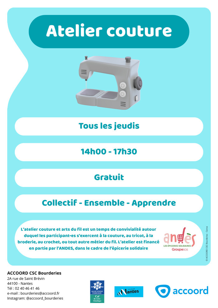 Atelier couture et arts du fil Centre socioculturel des Bourderies Nantes