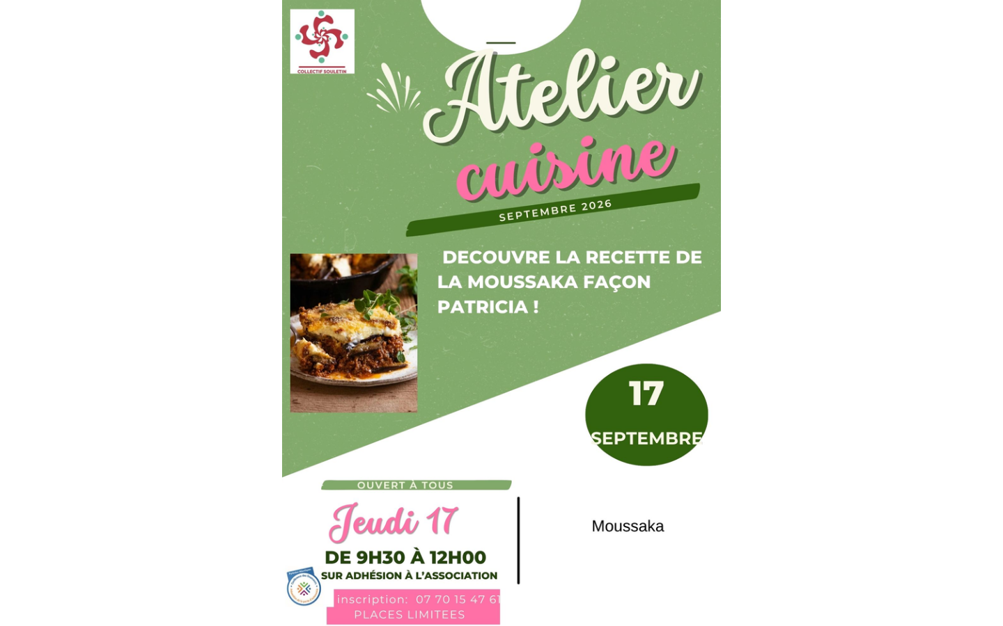 Atelier cuisine la moussaka 14 rue des frères Barenne Mauléon-Licharre 2026-09-17