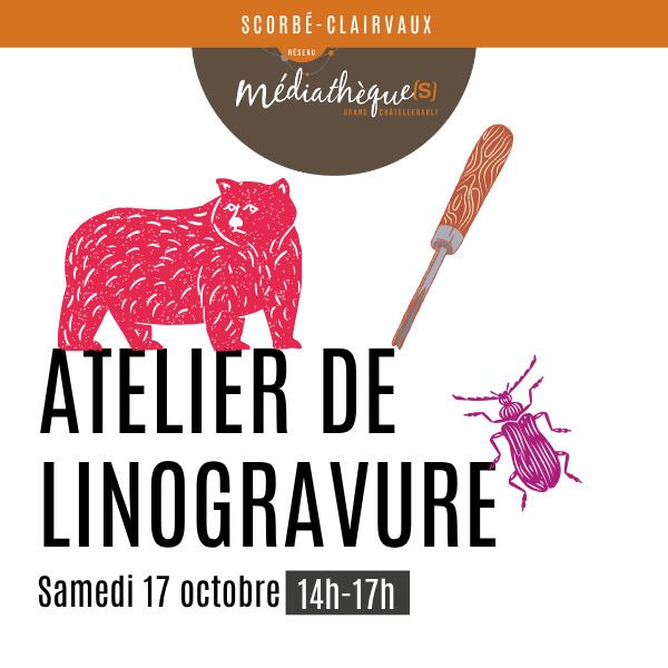 Atelier de linogravure avec Tali Graphiste Médiathèque L&rsquo;arche des mots Scorbé-Clairvaux