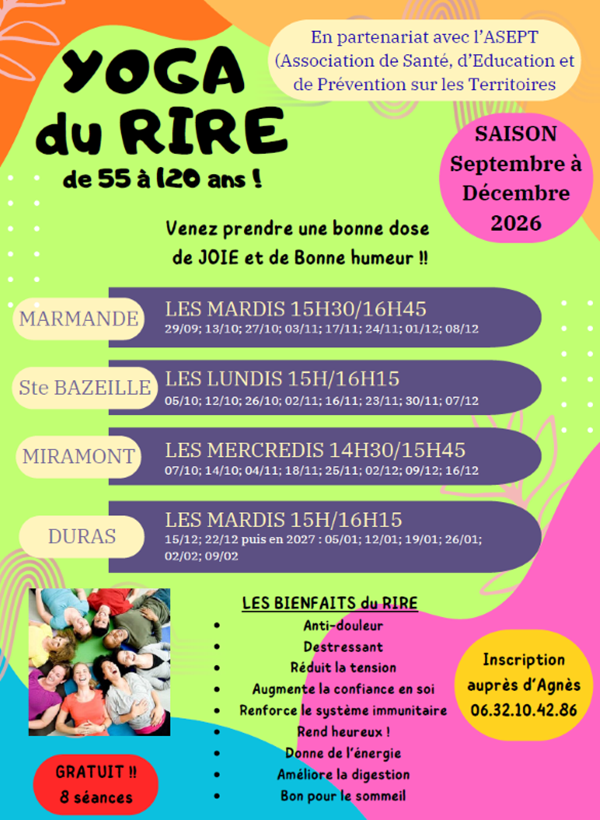 Ateliers séniors Yoga du rire Maison de la Vie Citoyenne Miramont-de-Guyenne