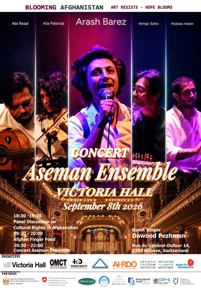 Blooming Afghanistan: Art Resists – Hope Blooms 
Arash Barez and the Aseman Ensemble – live at Victoria Hall., Victoria Hall, Genève