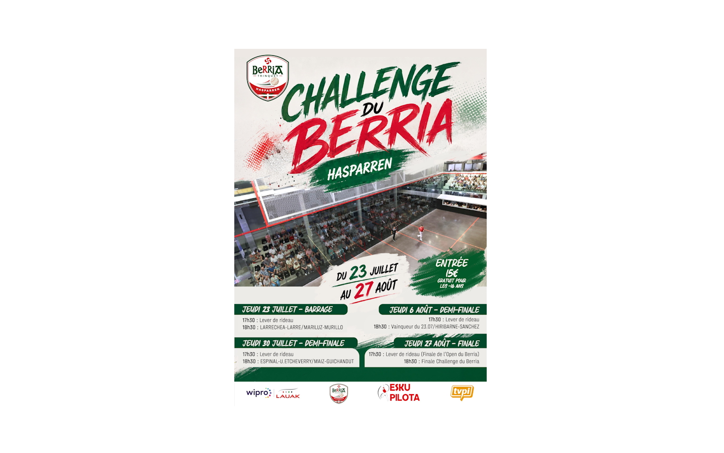 Challenge du Berria Partie de pelote à main nue Trinquet Berria Hasparren 2026-09-03