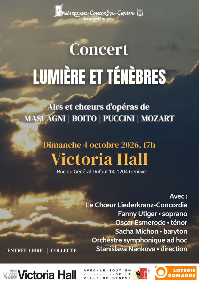 Chœur Liederkranz-Concordia; orchestre ad hoc; Fanny Utiger, soprano; Oscar Esmerode, ténor; Sacha Michon, baryton; Stanislava Nankova, direction, Victoria Hall, Genève