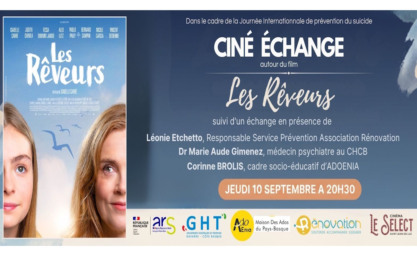 Ciné échange sur la Journée Mondiale de Prévention du Suicide Film Les rêveurs d’Isabelle Carré 29 Boulevard Victor Hugo Saint-Jean-de-Luz 2026-09-10