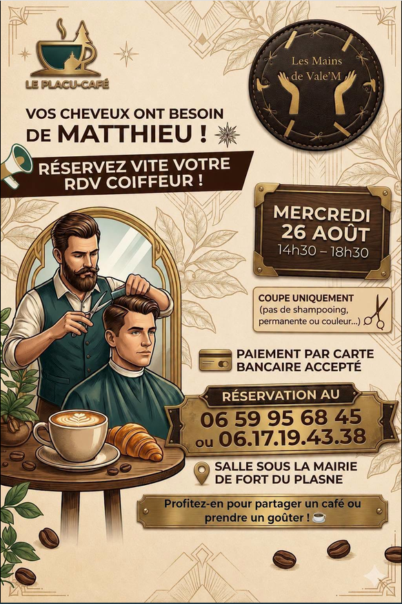 Coiffeur Hommes & Garçons au Placu-café Sous la mairie Fort-du-Plasne