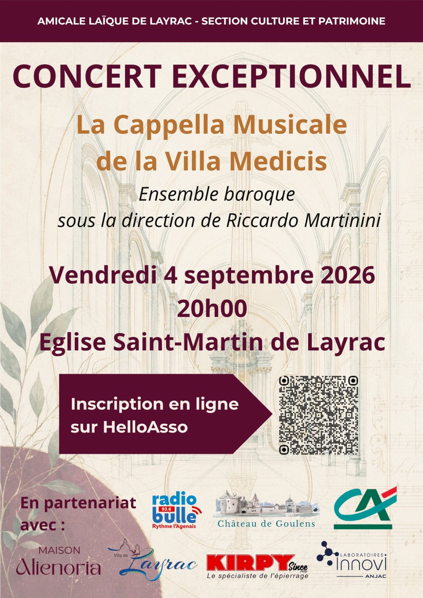 Concert Exceptionnel La Capella Musocale de la Villa Medicis Église Saint-Martin de Layrac Layrac