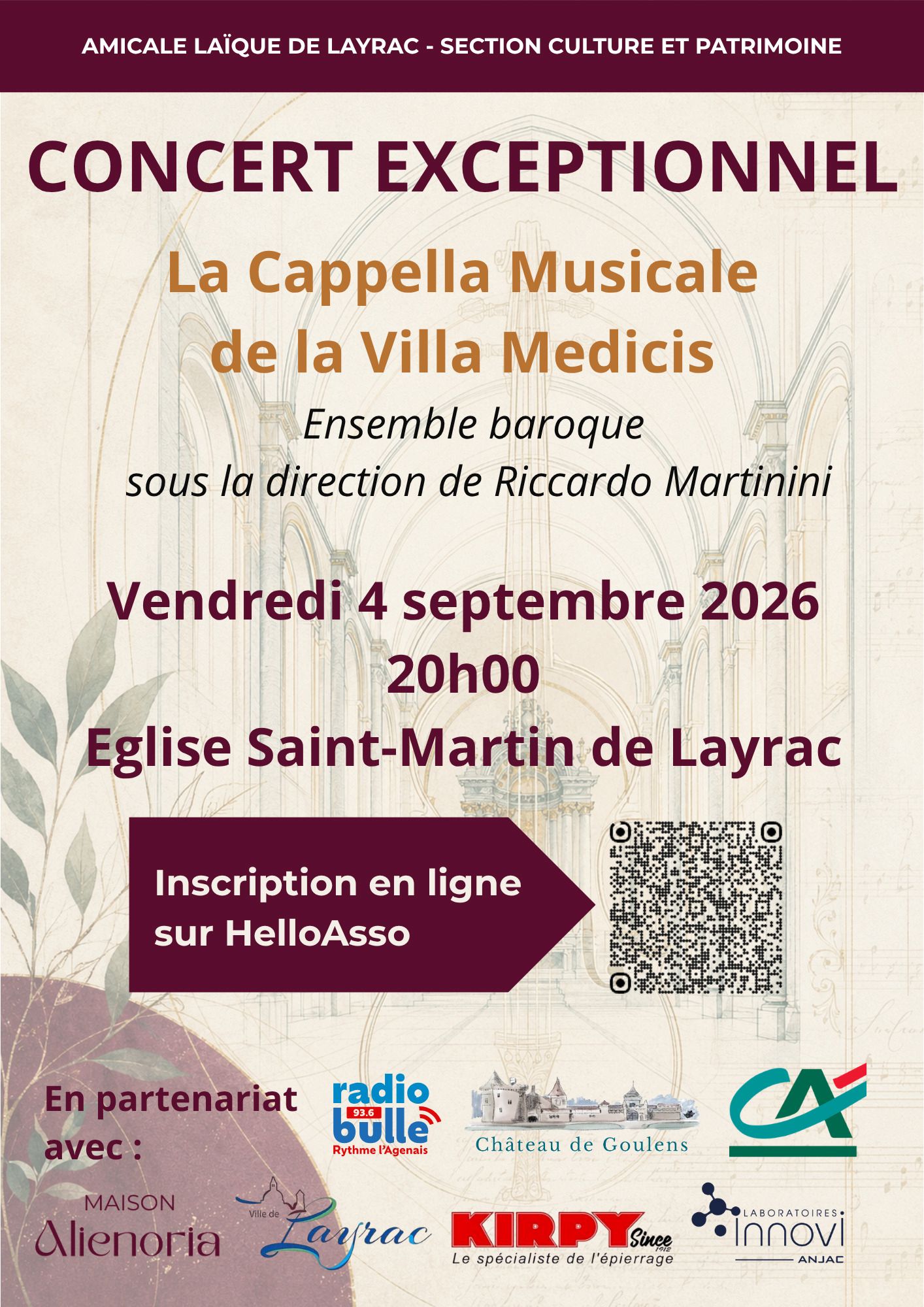Concert Exceptionnel La Capella Musocale de la Villa Medicis Place de l'Église Layrac 2026-09-04