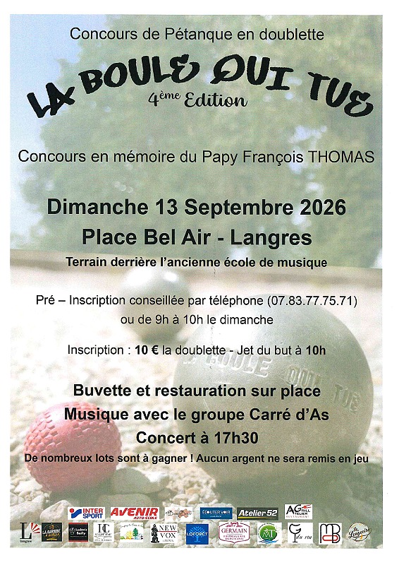 Concours de Pétanque en doublette La Boule qui tue  Langres