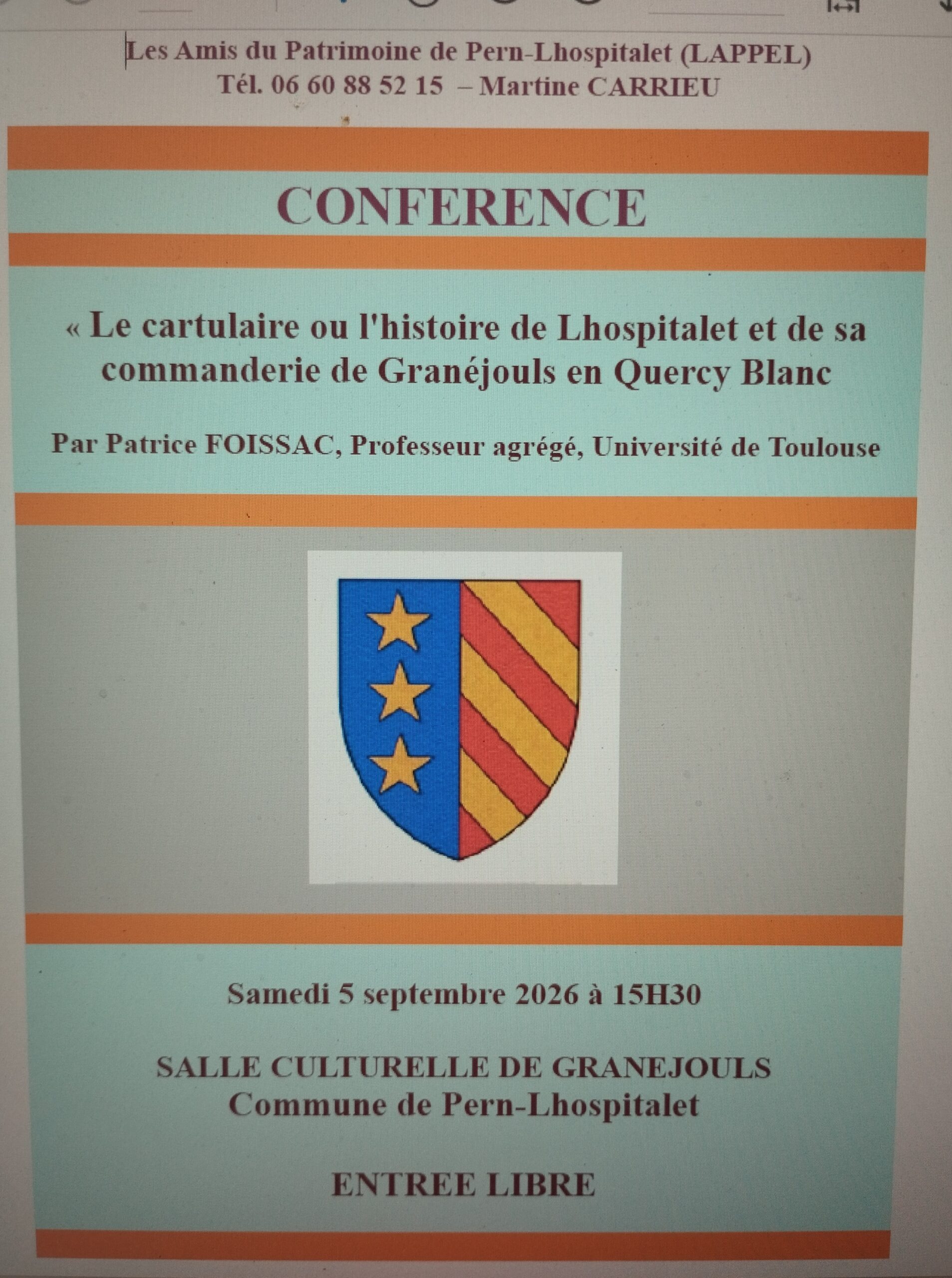 Conférence Le cartulaire de Lhospitalet ou l'histoire du village et de sa commanderie de Granéjouls au Moyen-Age  Pern-Lhospitalet 2026-09-05