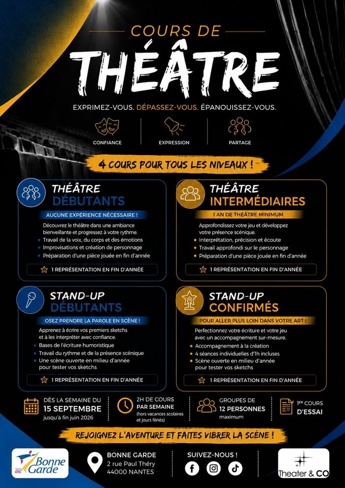 Cours de Théâtre à Nantes – Saison 2026-2027 ASC Bonne Garde, Pirmil Nantes