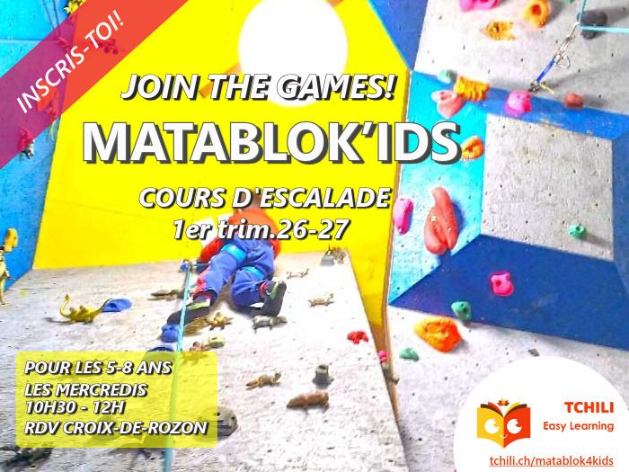 Cours hebdomadaires d’escalade MataBloK’ids pour enfants de 5 à 8 ans 1er trimestre 2026-27 Parking Arrêt TPG de la Douane de Croix de Rozon Bardonnex