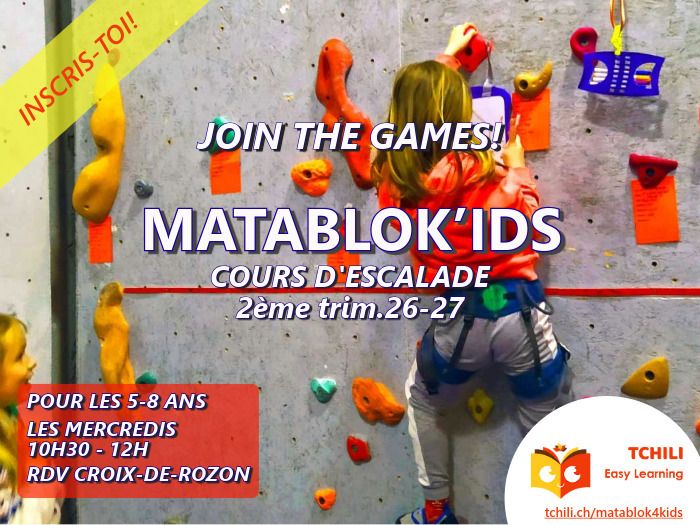 Cours hebdomadaires d’escalade MataBloK’ids pour enfants de 5 à 8 ans 2ème trimestre 2026-27, Parking Arrêt TPG de la Douane de Croix de Rozon, Bardonnex