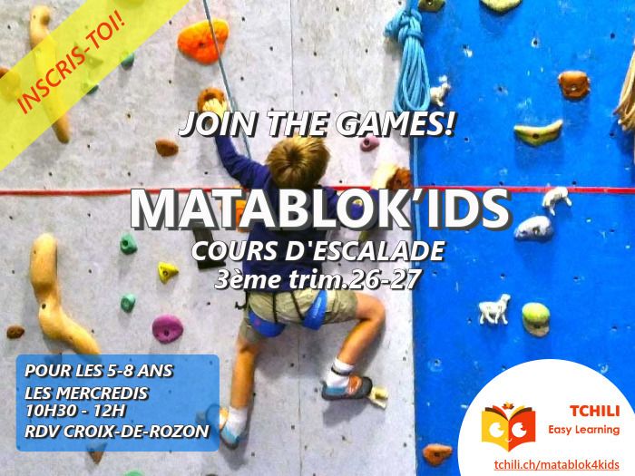 Cours hebdomadaires d’escalade MataBloK’ids pour enfants de 5 à 8 ans 3ème trimestre 2026-27 Parking Arrêt TPG de la Douane de Croix de Rozon Bardonnex