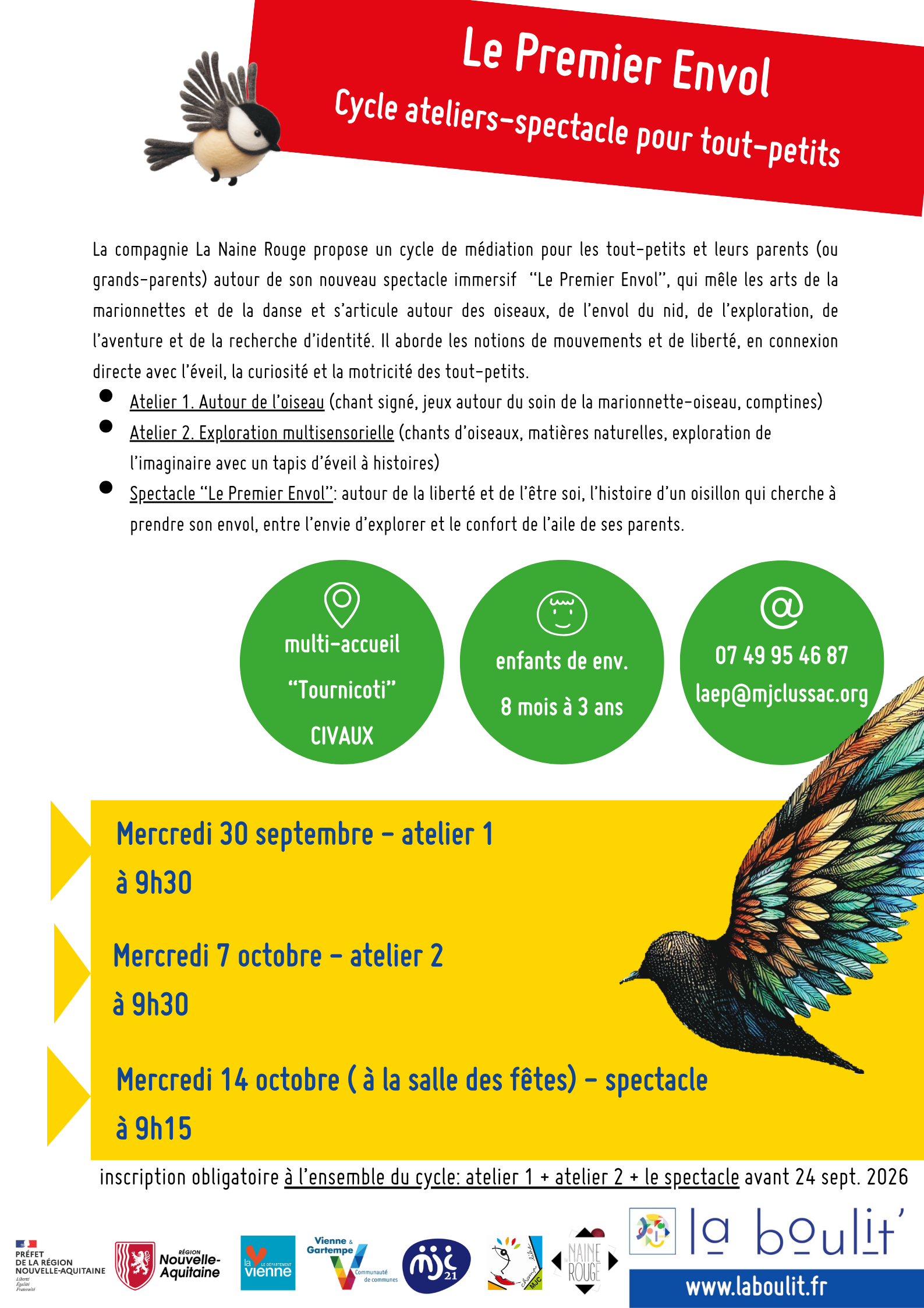 Cycle d'ateliers de médiation Le Premier Envol 17-19 Chemin sous le Peu Civaux 2026-09-30